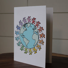 Load image into Gallery viewer, Grateful Dead Greeting Card featuring a rainbow assortment of marching bears dancing around a graphic of earth #gratefuldeadgreetingcard #gratefuldeadparty